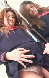 School Handjob Porn - Maya Asian doll takes panty off and rubs her cunt in the mirror